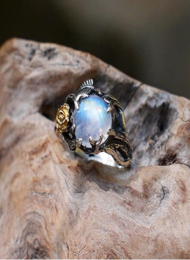 Hsitgexf Unique Vintage Flowering Twig Rainbow Moonstone Engagement Ring for Women,Victorian Style Solitaire Ring Thai Silver Jewelry (US Size 9) - Image 1